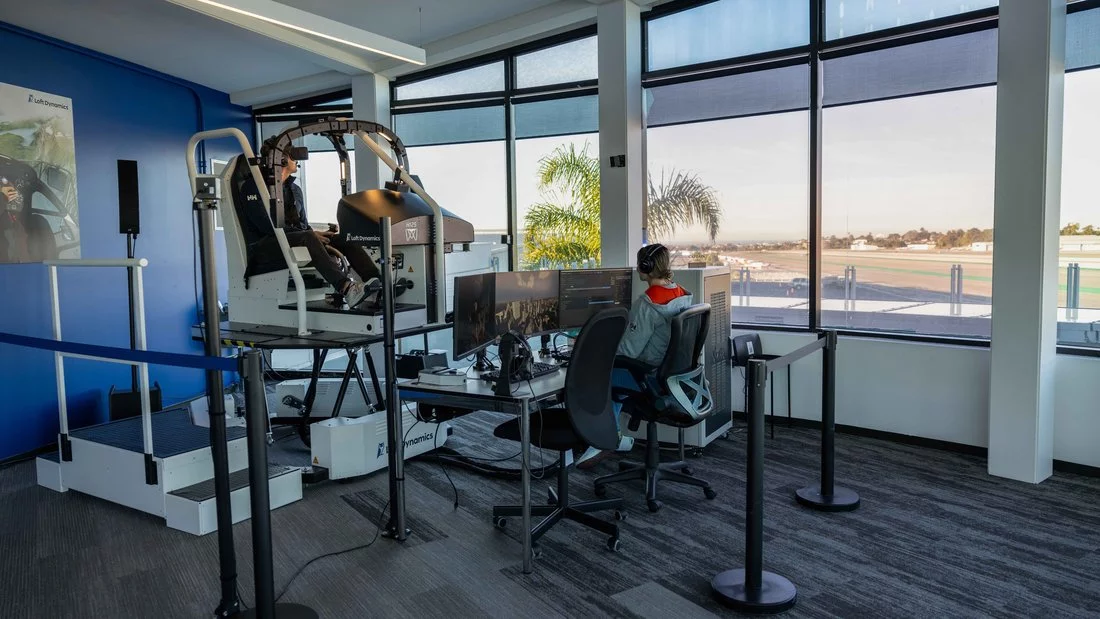 flying training simulator in a room