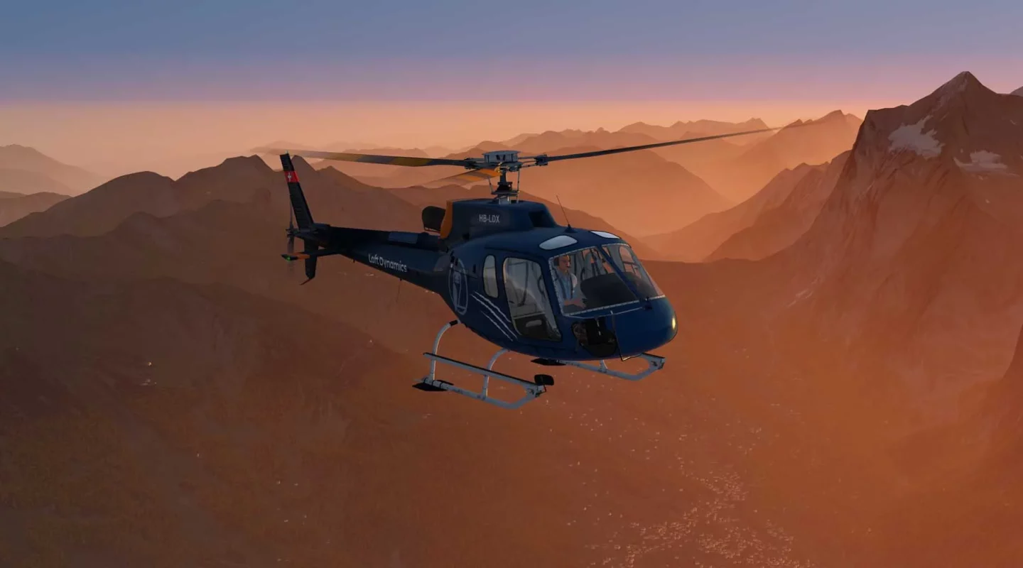 blue flying helicopter above mountains
