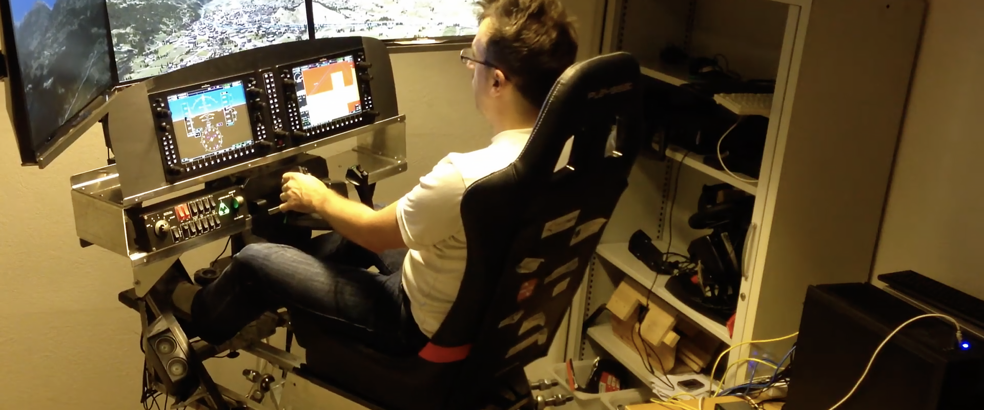 Founder of Loft Dynamics Fabi Riesen building a flight simulator at his home