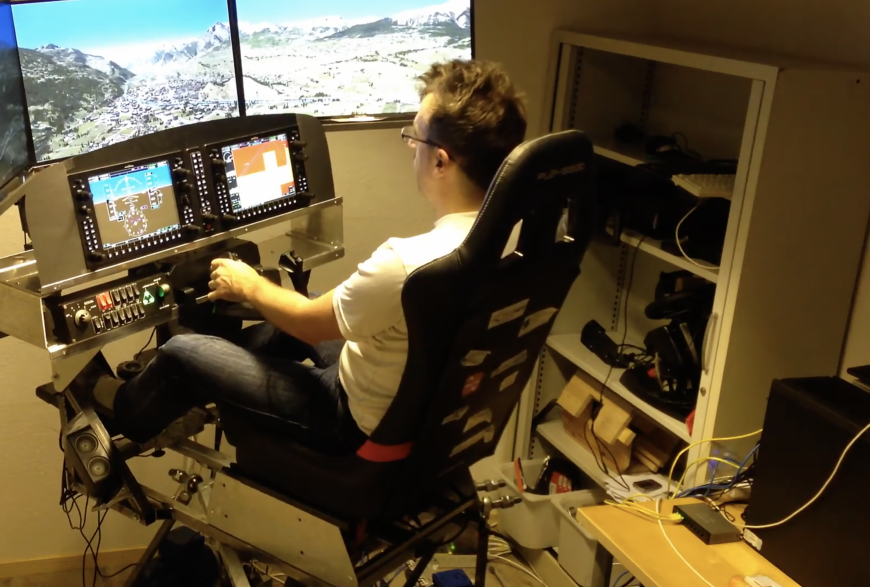 Founder of Loft Dynamics Fabi Riesen building a flight simulator at his home