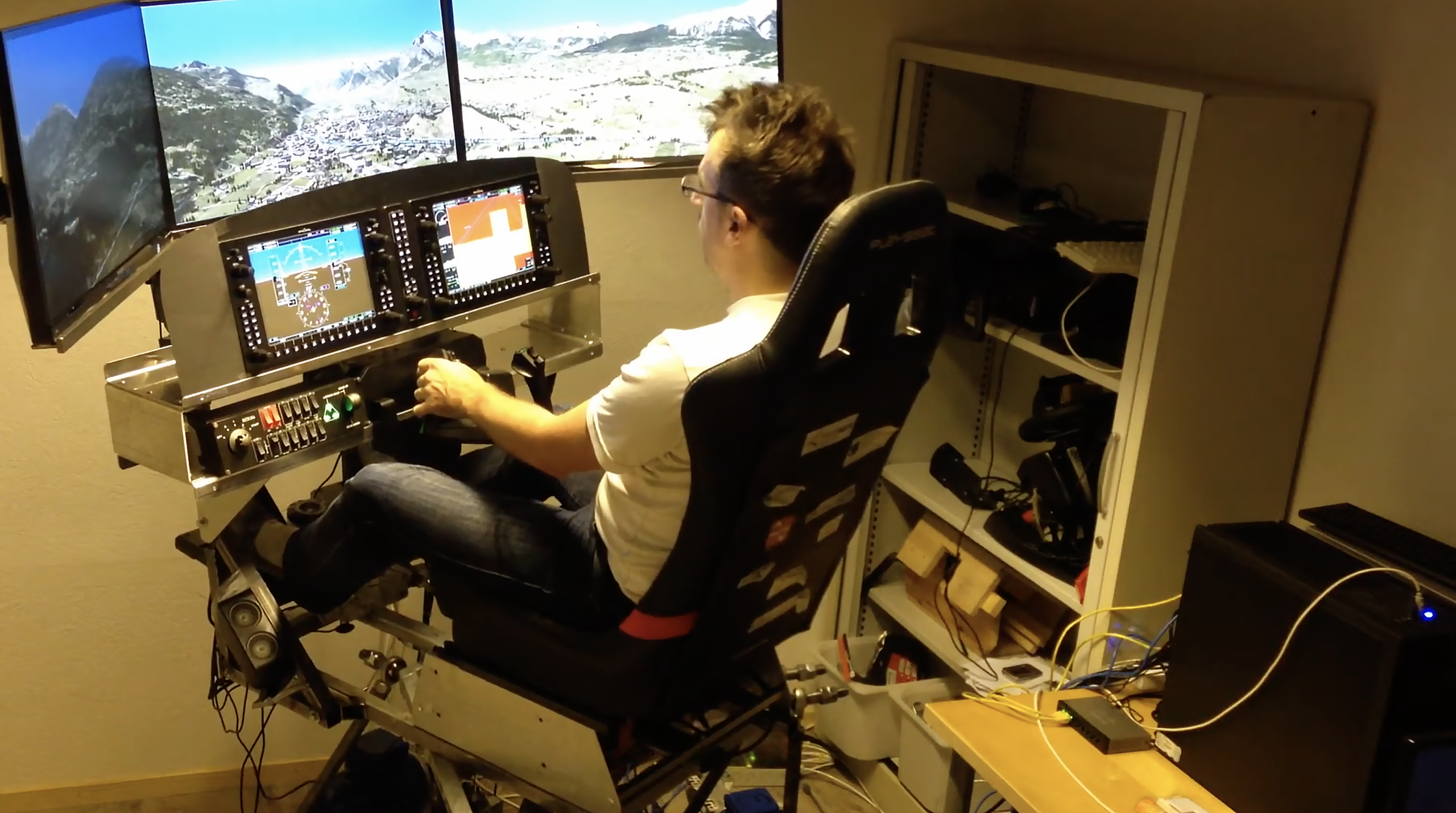 Founder of Loft Dynamics Fabi Riesen building a flight simulator at his home